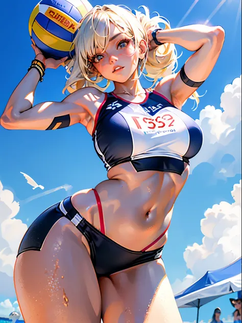 (Best Quality, masutepiece),ultra detailed photographic,1girl in, Female beach volleyball athlete ,shoot a ball ,Large breasts,nice legs, At the beach volleyball venue,Detailed beautiful face,Beautiful eyes,detailed hairs,detailed  clothes,Detailed realist...