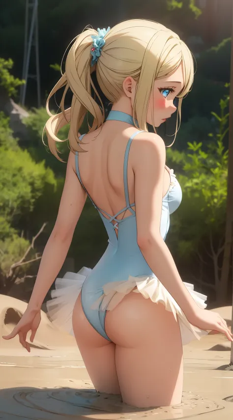 masterpiece, best quality, highly detailed, ultra high res, ayase arisa, 1girl, solo, blue eyes, hair ornament, blonde hair, long hair, blush, glossy lips, (view from behind), ballerina, sleeveless leotard, (tutu), medium breasts, stage, (quicksand:1.3)