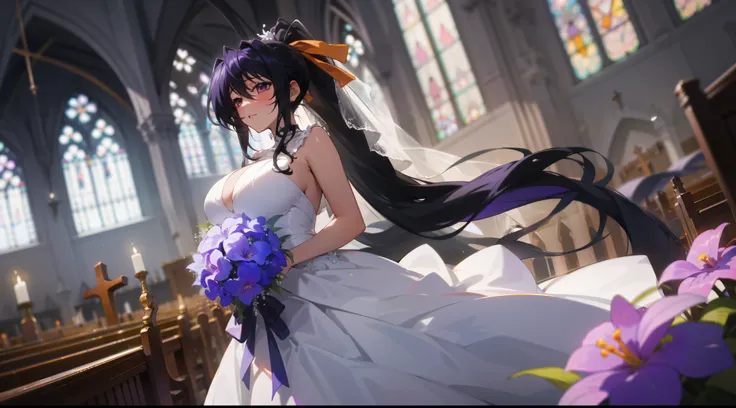 (1girl), himejima_akeno, black hair, ponytail, ((very long hair)), ribbon,), huge tits, purple flowers, in a wedding dress, chur...