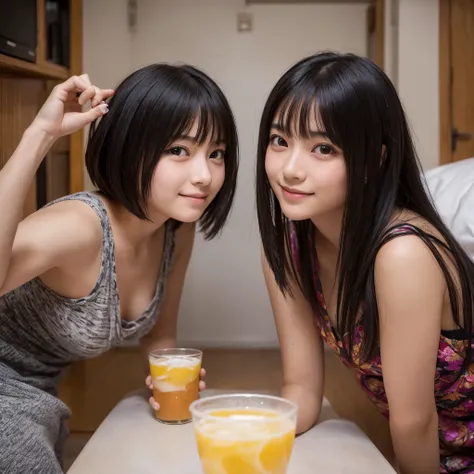 Best-quality, Masterpiece, Ultra-High-Resolution, (Photorealistic:1.9), Raw-Photo, Extremely-Detailed, Perfect-Anatomy, lesbian couple, (15-years-old and 25-years-old), having fun at drinking home party, both very famous Japanese idos, both extremely cute ...