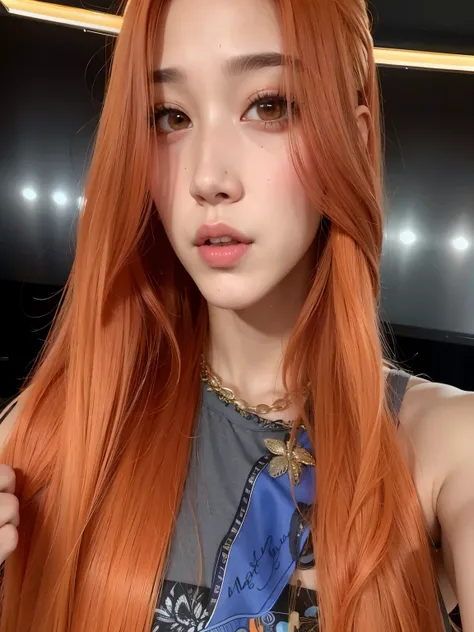 Un primer plano de una mujer con el pelo largo y rojo con un vestido de mezclilla, Jossi de Blackpink, she has long redcabello naranja, Jisoo de Blackpink, Jisoo de Blackpink, she has long orange brown hair, Parque Roseanne de Blackpink, Retrato Jisoo Blac...