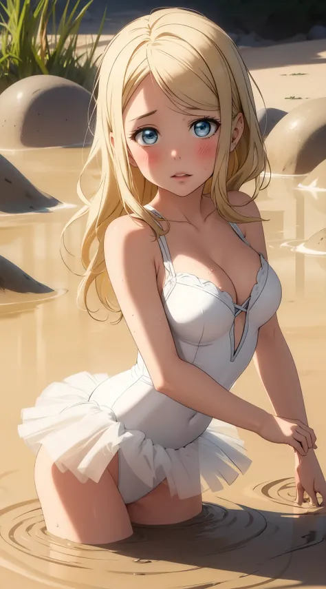 masterpiece, best quality, highly detailed, ultra high res, ayase arisa, 1girl, solo, perfect body, blue eyes, hair ornament, blonde hair, long hair, blush, glossy lips, ballerina, sleeveless leotard, (tutu), medium breasts, (mostly submerged), cleavage, (...