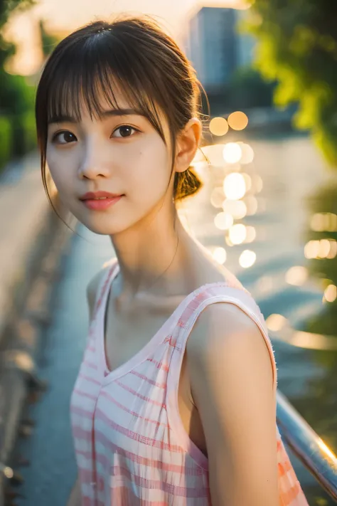 masutepiece, Best Quality, Portrait of 1girl、High resolution allows you to see pores and skin texture、Stroll along the bank in the evening、plain、the setting sun、Image quality of SLR cameras、