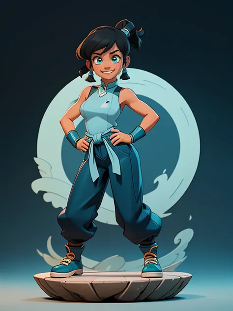 1girl, solo, (masterpiece), best quality, ultra-detailed, Korra from Avatar, Retro style, full body. fashion cloth, fancy. waterbending, happy, sexy smiling, ninja pants, darker skin