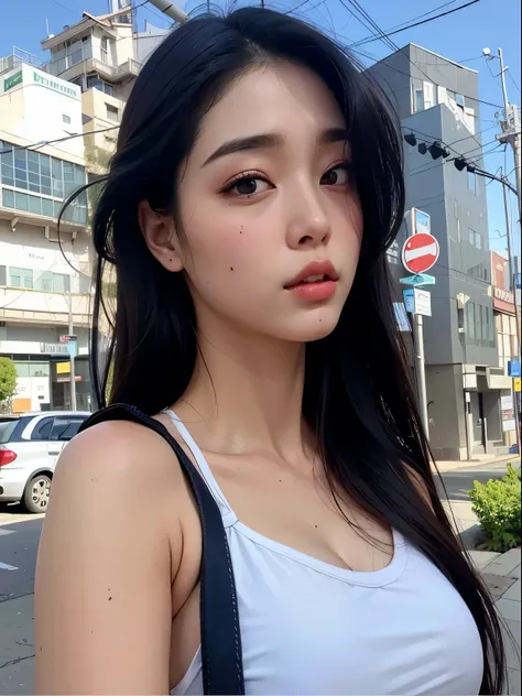 A close-up of a woman with long hair standing on a street, linda sul Mulher coreana, linda jovem mulher coreana, bela jovem Mulher coreana, menina coreana, young adorable korean face, Mulher coreana, Heonhwa Choe, Jaeyeon Nam, Beautiful Asian girl, korean ...