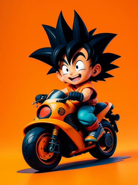 1 man, solo, Son goku riding futurist motorbike, simple background, akira toriyama style, dragon ball. sticker, gran calidad, vector, HD, happy face, smiling