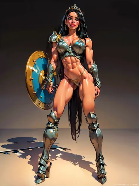 woman, ((long hair)),  blackblue hair, ((beautiful)), ((straight hair:1.4)), hair split in middle, adorned in medieval armor, twerking, metal muscles, emanating a medieval elegance and marvel, armor pump bootreastplate)), chrome silver tiara, small armband...