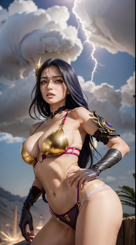 (ultra realistic photo, 8k uhd, full of details in clothes and face, masterpiece, girl goddess of beauty). Shogun Raider from Genshin Impact is a sexy woman with long, flowing purple hair, who wears a highly detailed sexy lingerie, she wears a jewel on the...