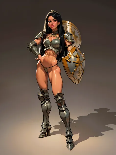 woman, ((long hair)),  blackblue hair, ((beautiful)), ((straight hair:1.4)), hair split in middle, adorned in medieval armor, twerking, metal muscles, emanating a medieval elegance and marvel, armor pump bootreastplate)), chrome silver tiara, small armband...