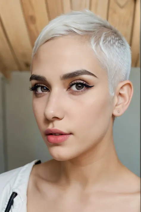 realistic, arafed young woman, (1woman:1.3), iranian, black eyes, (white hair:1.1), short-cut, (pixie-cut:1.3), bleached white short hair, (bony face:1.3), (square face:1.3), (slim nose:1.3), (bold thick eyebrows), heart shaped lips, large full lips with a...