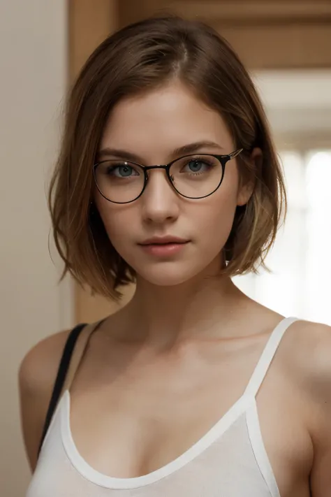 Masterpiece, stunning realistic, photorealistic photorealism, sharpness, sharp face, sharp focus,1 girl,blonde hair,blue eyes,german girl,round glasses,tanktop,straight hair,bobcut,