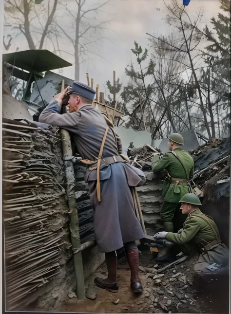 soldiers in uniforms are standing in front of a pile of rubble, ww1 film photo, in trenches, ww1 photo, ww1 trench, ww 2 historical photography, ww2 historical photography, colorized photograph, colourized, award winning colorized photo, colourised, colori...