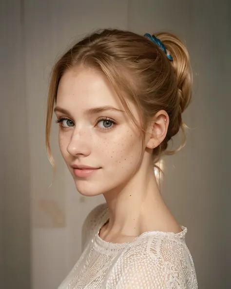 Rosto de uma mulher, americana, 25 anos, pale skin and freckles, olhos cinzas, nariz delicado, soft and delicate lips, cabelo blondie cinza ponytail, sorriso meigo