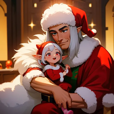 In the living room adorned with twinkling lights and garlands, a family of four gathers. The father, dressed as Santa Claus, wears a plush red suit with a wide black belt and a fluffy white beard. His laughter echoes as he lifts his youngest daughter onto ...