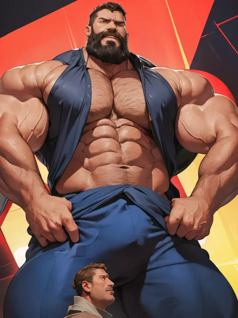 (giant, colossal, muscular, gigantic man, torn clothes, muscles tearing clothes, evil, expressive angry face, bright blue eyes, ...