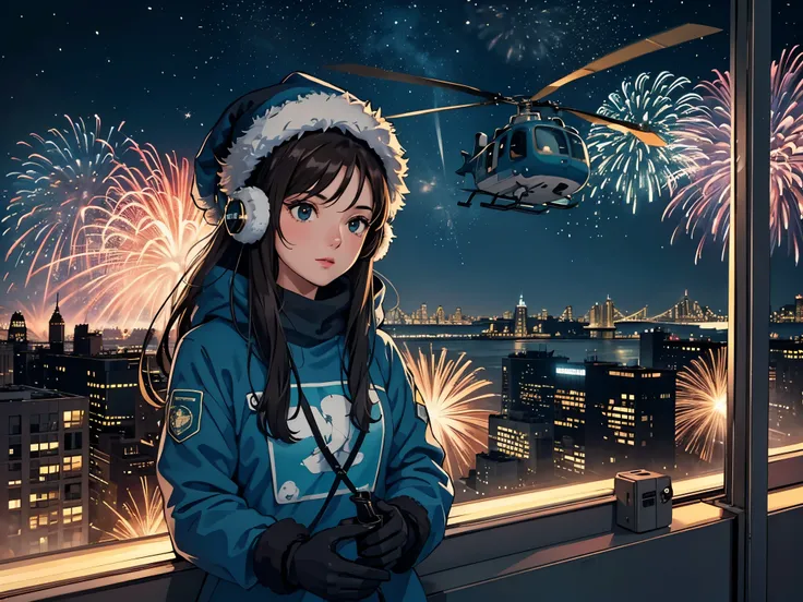 lofi relaxed one brunette girl with headphones enters helicopter in roof of a building in NYC. winter night. beautiful landscape of NYC with statue of liberty, (fireworks) in night sky. travel. tourist. sweater, gloves, winter hat. long hair. new year eve