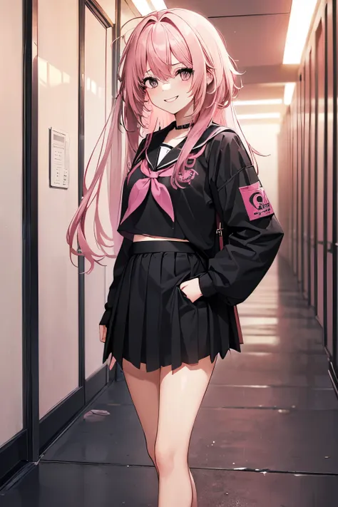 (1Girl, 18yo, ((messy pink hair)), she is a evil, bully and crazy character, she are smiling, (wearing ((black)) colegial japonese clothes)), ((school hallway background))