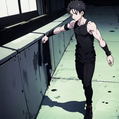 black haired boy with black eyes wearing a black tank top, black combat pants, and black combat boots in hunter x hunter art style.