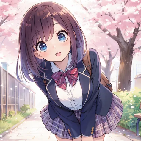 anime girl with blue eyes and a bow tie in a school uniform, beautiful anime high school girl, anime visual of a cute girl, kawa...