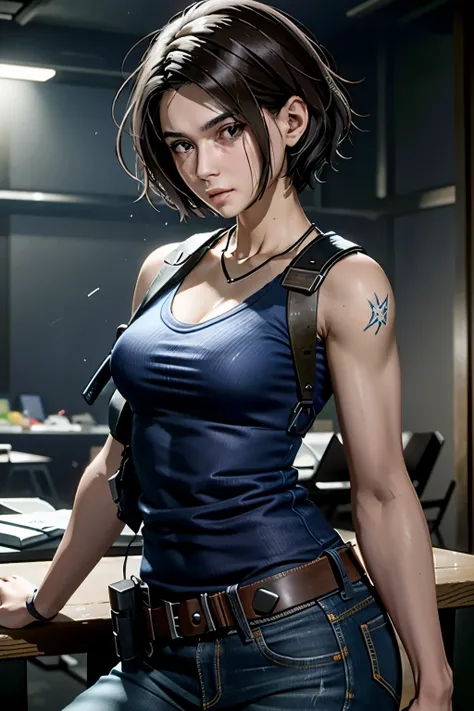 (master part, melhor qualidade) JillValentineRE, 1girl, sozinho, seios, Olhando para o Viewer, sorrir, short hair, large seios, brown hair, camisa, clivagem, bareshoulders, olhos castanhos, jewelries, boca fechada, 鎖骨, arma, cowboy shot, Mangas, diafragma,...