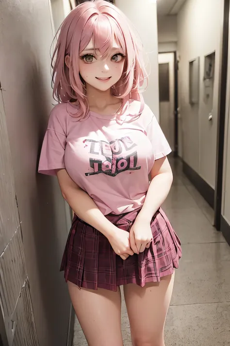 (1Girl, 18yo, ((messy pink hair)), she is a evil, bully and crazy character, she are smiling, pink slutry eyes, (wearing ((sexy)) shirt and jeans skirt)), ((school hallway background))