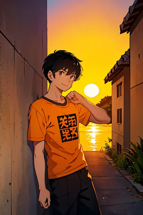 a black haired boy, wearing an orange t-shirt leaning his back against a wall, seen in profilehas a smile and looks at the viewe...