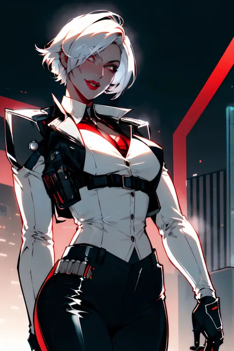 cowboy shot of futuristic detective lady, cybernetic jaw, short white hair, glowing eyes, red lips, white shirt, unbuttoned, black pants, vest, holster, mechanical parts, prosthetic arm,