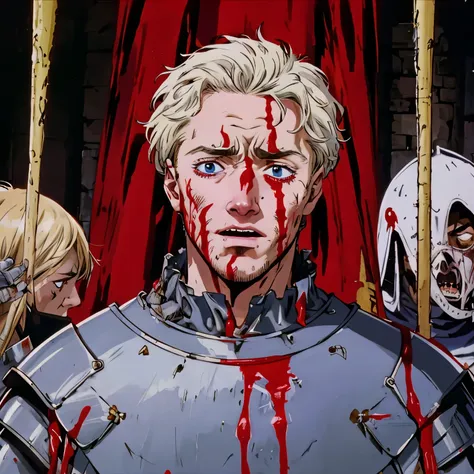 a royal knight covered in blood and with a traumatized expression on his face from the war.