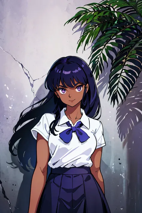 a girl with dark skin and black hair wearing a white polo shirt and a blue skirt with purple eyes, is standing in front of the s...