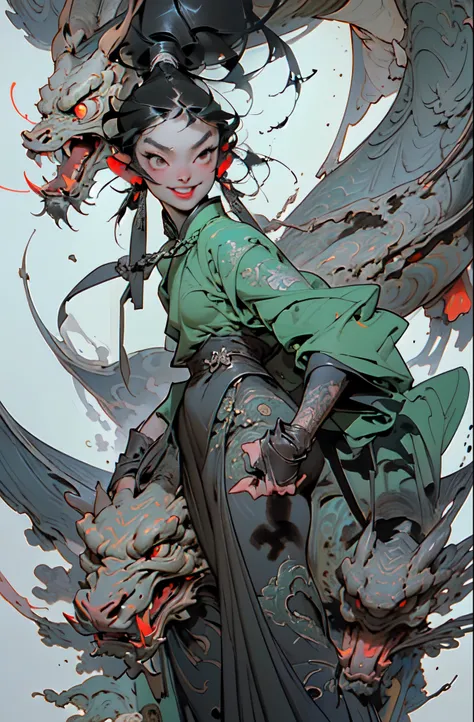 01_Green wooden dragon. Chinese style. Sculpture. A wooden sculpture, next to a cool girl in a leather corset, long dark hair, high black leather jackboots, black gloves on her hands, and metal spikes on her shoulders. Rock star, super beauty against the b...