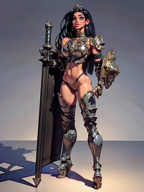 ((3d render)), woman, ((long hair)),  blackblue hair, ((beautiful)), ((straight hair:1.4)), hair split in middle, adorned in medieval armor, twerking, metal muscles, emanating a medieval elegance and marvel, armor pump bootreastplate)), chrome silver tiara...