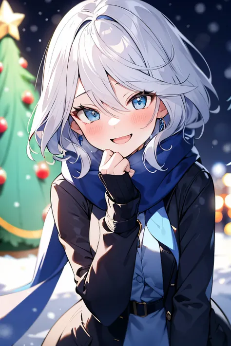 furina, A girl with white hair, blue christmas outfit, wearing a scarf, in the city plaza with a christmas tree in the middle with colorful lights, snowing, laughing, smiling and blushing, focused on viewer, night background