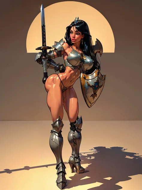 woman, ((long hair)),  blackblue hair, ((beautiful)), ((straight hair:1.4)), hair split in middle, adorned in medieval armor, twerking, metal muscles, emanating a medieval elegance and marvel, armor pump bootreastplate)), chrome silver tiara, small armband...