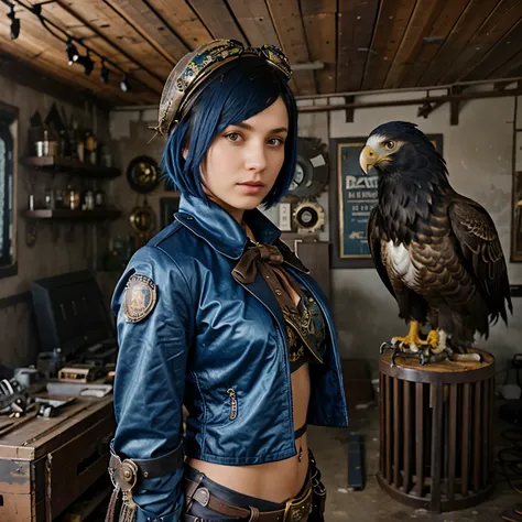 A young woman with dark blue bob hair with a steampunk  bow and big eagle next to it all in a post apocalyptic steampunk farwest decor