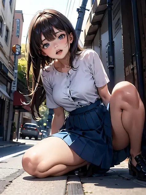 drooping eyes, ecstasy, sleepy face, straddling to hit her crotch against the pole on the ground, (((hide crotch with a long skirt))), open legs, orgasm, alley,