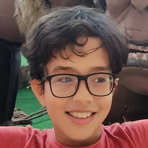 Theres a boy in glasses and a red shirt, Riyahd Cassiem, foto de perfil, Reyyan, Mohamed Chahin, Vastayan, foto de perfil 1024px, muito ligeiramente sorridente, Where is the, sorriso inocente, imagem de qualidade muito baixa, com um lindo sorriso, imagem d...