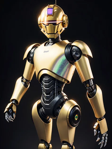 ((best quality: 1.5)) ((masterpiece: 0.8)), intricate details, sharp focus, professional, photorealistic, real life, ((((solo) male robot, protocol droid, ((mechanical arm))))) bright glow, dynamic pose, in the style of realistic and hyper detailed renderi...