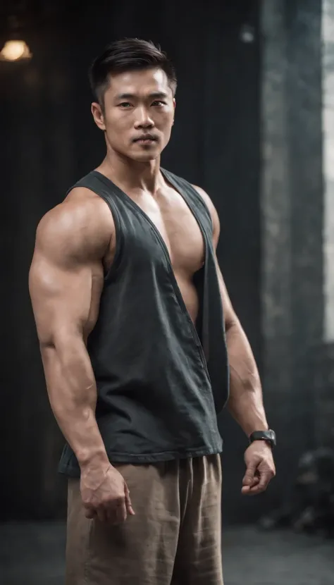 Asia man gymer wearing full vest , big muscle, height 190 cm, big shoulder, big muscle foot, (draww eye detail), (realestic)