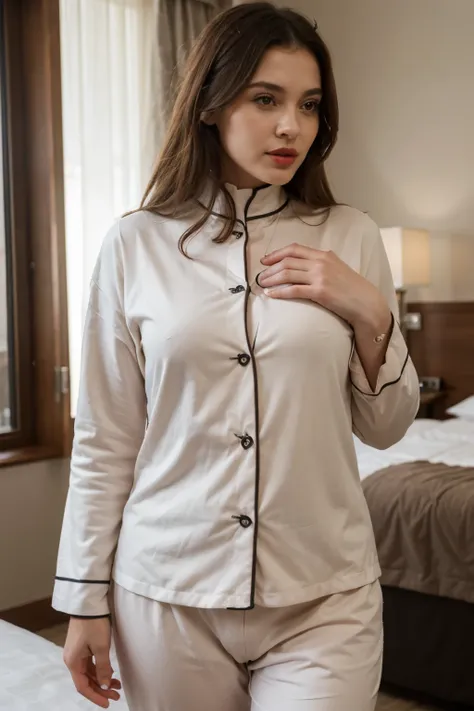 ((best quality)), ((masterpiece)), (detailed), perfect face, realistic red lips,high neck pajamas, full body, forest themed hotel, mini garden, mini bar, slim body fit pajamas