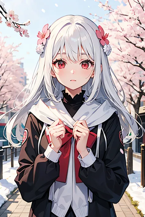 1girl, white hair, red eyes, sakura flowers, in the city, snowing