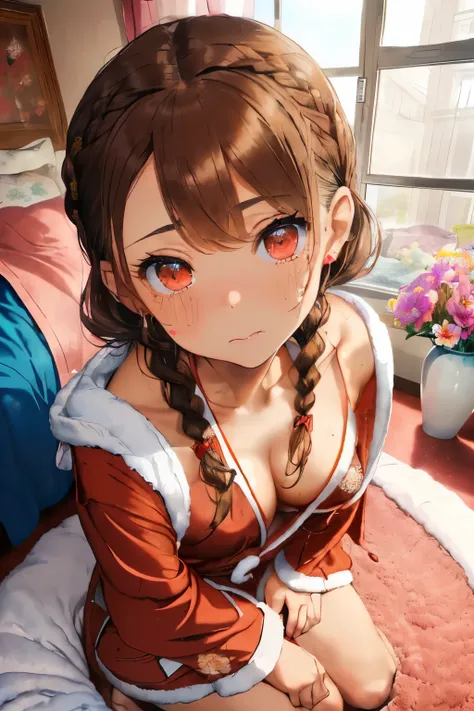 (Brown hair:1.3),(Braided shorthair:1.3),(With bangs),(Brown eyes:1.3),(Eye size:1.6),(My eyes are shining like stars:1.25),(depressed face),(Sad face:1.2),(Sister sitting:1.3),(A girly room with lots of cute flowers:1.5),(Colorful flowers:1.45),(Fluffy ca...