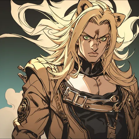 ((hirohiko araki style)), one male, lion ears, long hair, blond, blond hair, green eyes, tall, muscular, bomber jacket, beautifu...