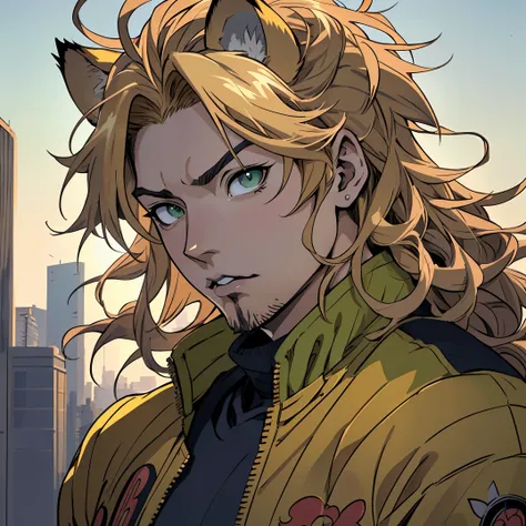 ((Hirohiko Araki style)), One male, lion ears, long hair, blond, blond hair, green eyes, tall, muscular, bomber jacket, beautiful face, ((highest quality)), ((masterpiece)), 2d, ((anime)), (perfect face), ((highest detail)), feline eyes, stubble, lion tail...