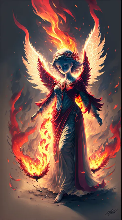 angel all in red with wings on fire --auto