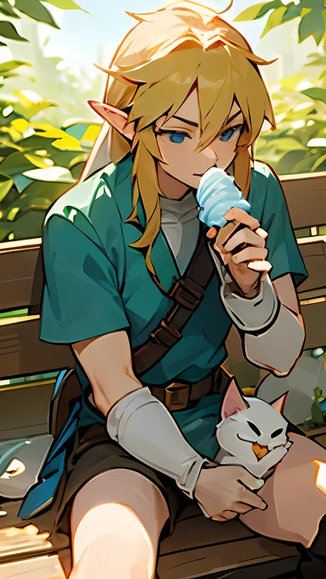 Link from The Legend of Zelda, relaxing on a bench, sunny day, eating icecream, cat on his shoulder