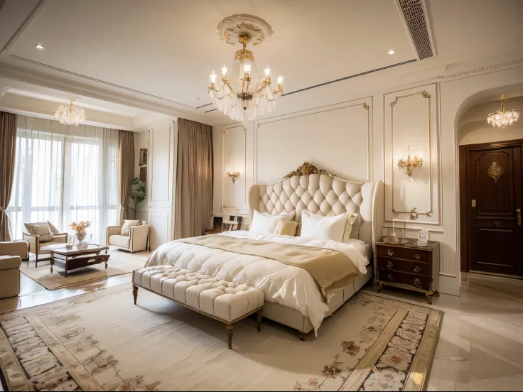 (best quality,highres,masterpiece:1.2),ultra-detailed,crystal chandelier hanging from the ceiling,royal aristocratic atmosphere,pale pink cushions on the sofa,wall murals with vivid imagination,warm and cozy,carpet with intricate patterns telling a beautif...
