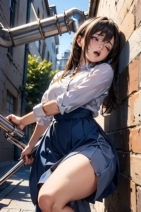 drooping eyes, ecstasy, sleepy face, (((hit her crotch against the pipe))), (((hide crotch with a long skirt))), open legs, orga...