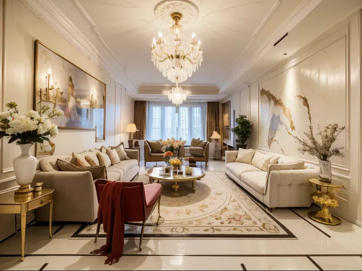 (best quality,highres,masterpiece:1.2),ultra-detailed,crystal chandelier hanging from the ceiling,royal aristocratic atmosphere,pale pink cushions on the sofa,wall murals with vivid imagination,warm and cozy,carpet with intricate patterns telling a beautif...