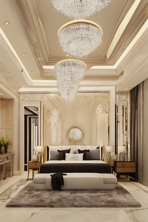 Home bedroom modern mansion high quality 8k realistic home decor evening sunlight chandeliers rich decor home
