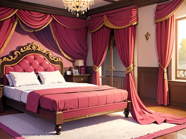 crie um quarto de uma princesa, com bastantes detalhes imperiais, a view of the entire room, com cama, janelas, moveis e etc, make the image in 2d style